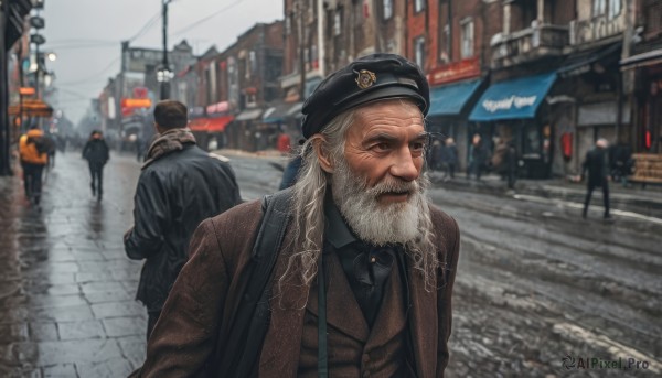 long hair,shirt,hat,closed mouth,jacket,closed eyes,white hair,grey hair,male focus,outdoors,multiple boys,necktie,solo focus,day,collared shirt,2boys,scarf,blurry,uniform,coat,black jacket,black headwear,blurry background,facial hair,beret,ground vehicle,building,black necktie,motor vehicle,beard,brown jacket,city,realistic,mustache,car,road,old,police,old man,street,police uniform,photo background,smile,long sleeves,1boy,standing,upper body,sky,pants,signature,vest,dated,lips,looking to the side,depth of field,scar,looking away,scenery,scar on face,walking,6+boys,sign,brown coat,crowd