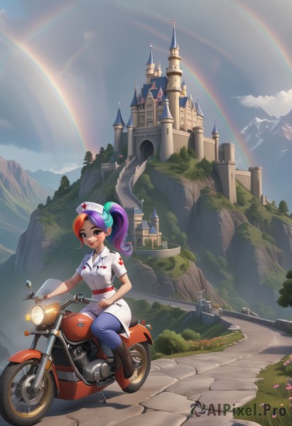 1girl,solo,long hair,looking at viewer,smile,hat,sitting,purple eyes,ponytail,purple hair,flower,short sleeves,pantyhose,multicolored hair,boots,outdoors,horns,sky,day,belt,pants,artist name,cloud,two-tone hair,tree,streaked hair,cross,ground vehicle,building,motor vehicle,personification,mountain,nurse cap,nurse,road,riding,rainbow,motorcycle,castle,blue pantyhose,church,red cross,rainbow hair,open mouth,blue eyes,dress,pink hair,red hair,teeth,signature,white dress,black eyes,blue sky,gradient hair,makeup,buttons,watermark,brown footwear,piercing,grass,scenery,pocket,collared dress,bridge,waterfall,purple pantyhose