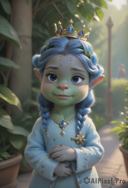 1girl,solo,long hair,looking at viewer,smile,blue eyes,hair ornament,long sleeves,dress,jewelry,blue hair,braid,outdoors,parted lips,day,pointy ears,necklace,blurry,twin braids,tree,coat,depth of field,blurry background,blue dress,own hands together,crown,plant,gem,child,furry,pendant,freckles,furry female,female child,body fur,animal nose,blue coat,closed mouth,upper body,artist name,flat chest,lips,fur trim,colored skin,leaf,hair over shoulder