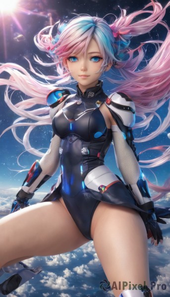 1girl,solo,long hair,breasts,looking at viewer,smile,bangs,blue eyes,thighhighs,gloves,twintails,medium breasts,very long hair,closed mouth,blue hair,pink hair,thighs,multicolored hair,boots,sky,black gloves,elbow gloves,fingerless gloves,armor,two-tone hair,leotard,lips,bodysuit,covered navel,floating hair,star (sky),black leotard,skin tight,science fiction,sun,space,planet,small breasts,cloud,highleg,shoulder armor,highleg leotard