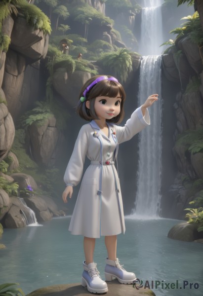 1girl,smile,short hair,open mouth,bangs,multiple girls,brown hair,long sleeves,dress,brown eyes,standing,full body,hairband,outdoors,shoes,solo focus,day,water,white dress,black eyes,arm up,tree,white footwear,child,nature,forest,rock,female child,waterfall,purple hairband,solo,green eyes,lips,sunlight,scenery