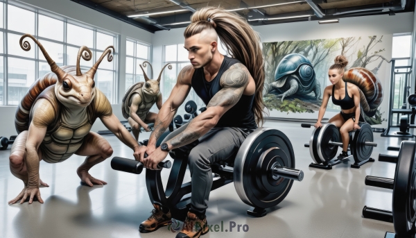 1girl,long hair,breasts,blonde hair,brown hair,1boy,cleavage,medium breasts,sitting,tail,ponytail,shoes,shorts,pants,indoors,tree,window,tattoo,muscular,facial hair,tank top,monster girl,sneakers,reflection,watch,sports bra,realistic,antennae,wristwatch,exercise,squirrel,gym,dumbbell,weightlifting,large breasts,hair bun,squatting,monster,alien