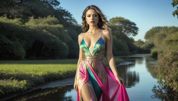 HQ,1girl,solo,long hair,breasts,looking at viewer,brown hair,dress,cleavage,bare shoulders,brown eyes,jewelry,medium breasts,standing,collarbone,swimsuit,cowboy shot,earrings,outdoors,sky,day,water,tree,lips,makeup,nature,breasts apart,multicolored clothes,forest,reflection,realistic,skirt hold,river,lake,large breasts,parted lips,grass