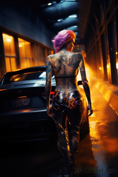 1girl,solo,short hair,jewelry,standing,full body,pink hair,purple hair,ass,earrings,looking back,pants,from behind,blurry,tattoo,night,blurry background,back,black pants,topless,piercing,ground vehicle,motor vehicle,walking,science fiction,arms at sides,car,road,arm tattoo,cyborg,cyberpunk,back tattoo,full-body tattoo,breasts,gloves,boots,outdoors,fingerless gloves,armor,depth of field,gauntlets,ear piercing,nose,stud earrings,very short hair,street,neon lights