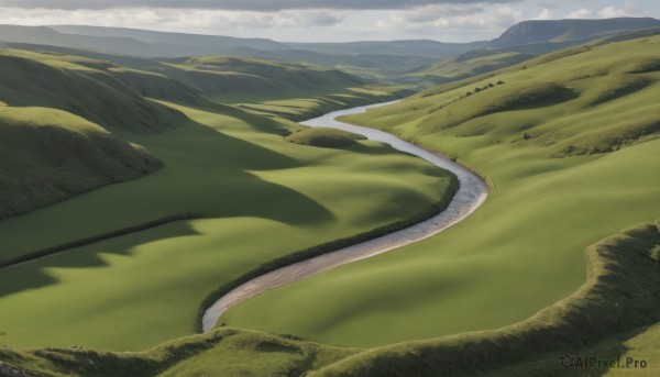 outdoors,sky,day,cloud,no humans,cloudy sky,grass,nature,scenery,mountain,dragon,road,field,landscape,mountainous horizon,hill,water,tree,blue sky,forest,horizon,river,lake