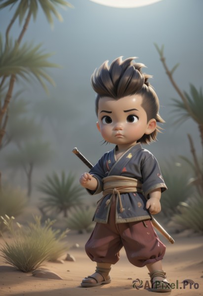 solo,looking at viewer,short hair,brown hair,black hair,1boy,brown eyes,closed mouth,standing,full body,weapon,male focus,outdoors,japanese clothes,sword,kimono,blurry,night,moon,sandals,katana,aged down,sheath,child,full moon,sheathed,male child,bamboo,topknot,artist name,chibi,tree,sash,watermark,spiked hair,clenched hand,realistic