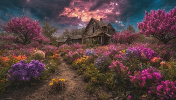 flower, outdoors, sky, cloud, tree, no humans, cloudy sky, grass, building, nature, scenery, sunset, road, field, house, path