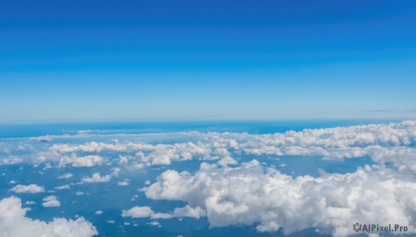 monochrome,outdoors,sky,day,cloud,water,blue sky,no humans,ocean,scenery,blue theme,city,horizon,cityscape,landscape,cloudy sky,above clouds