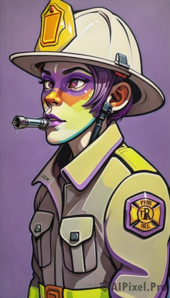 1girl,solo,short hair,simple background,hat,purple eyes,jacket,upper body,purple hair,sweat,belt,uniform,military,military uniform,makeup,white headwear,mouth hold,helmet,looking up,lipstick,purple background,facepaint,purple lips,araki hirohiko (style),lips,eyelashes,colored skin,thick eyebrows,headset,pocket,nose,breast pocket,whistle,patch