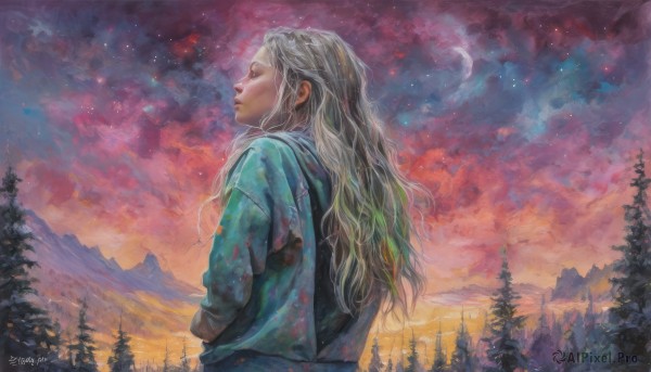 1girl,solo,long hair,blonde hair,jacket,closed eyes,upper body,white hair,grey hair,outdoors,sky,artist name,cloud,signature,bag,dated,tree,profile,night,traditional media,moon,looking up,star (sky),nature,night sky,scenery,forest,starry sky,sunset,mountain,painting (medium),crescent moon,twilight,1boy,closed mouth,male focus,pointy ears,from behind,from side,wavy hair,robe,faux traditional media,pine tree