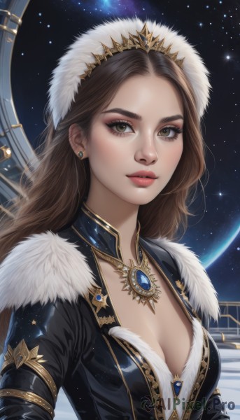 1girl,solo,long hair,breasts,looking at viewer,smile,brown hair,dress,cleavage,brown eyes,jewelry,medium breasts,upper body,earrings,parted lips,sky,necklace,lips,fur trim,eyelashes,makeup,night,crown,gem,star (sky),night sky,starry sky,gold trim,nose,red lips,space,planet,tiara,realistic