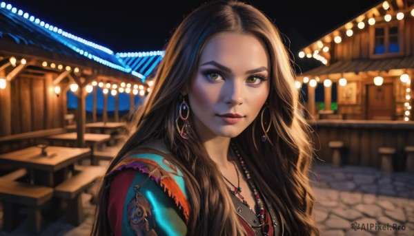 1girl,solo,long hair,looking at viewer,brown hair,brown eyes,jewelry,closed mouth,green eyes,yellow eyes,upper body,earrings,outdoors,necklace,blurry,lips,eyelashes,makeup,night,depth of field,blurry background,lipstick,building,forehead,hoop earrings,realistic,nose,red lips,chair,table,portrait