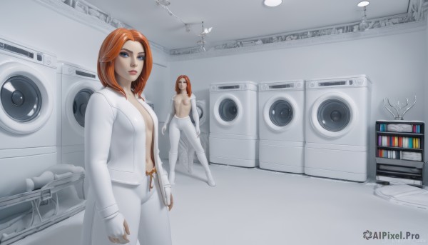 1girl,solo,long hair,breasts,looking at viewer,blue eyes,multiple girls,gloves,navel,medium breasts,standing,jacket,red hair,open clothes,pants,indoors,orange hair,lips,no bra,science fiction,white pants,labcoat,speaker,medium hair,bodysuit,watermark,topless,web address,white bodysuit,jumpsuit