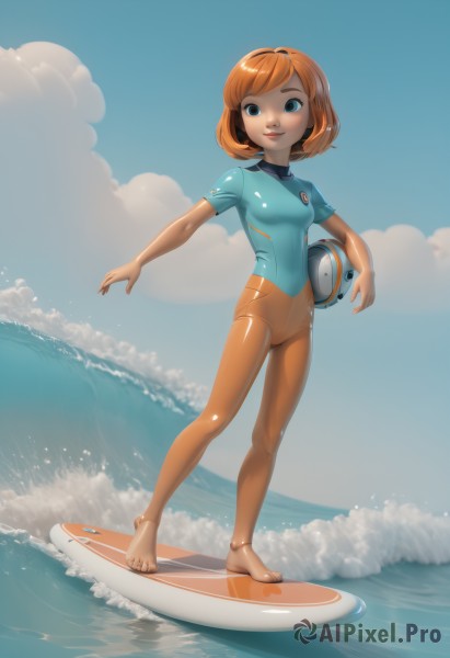 1girl,solo,breasts,smile,short hair,blue eyes,brown hair,holding,standing,full body,small breasts,outdoors,sky,barefoot,day,shiny,cloud,water,orange hair,lips,bodysuit,ocean,helmet,skin tight,shiny clothes,android,joints,waves,helmet removed,surfboard,wetsuit,hairband,beach