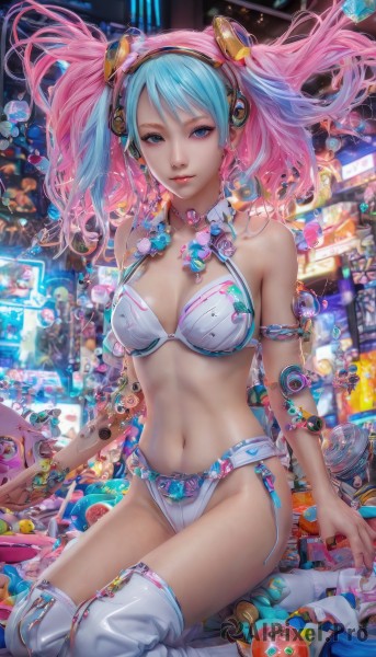 1girl,solo,long hair,breasts,looking at viewer,smile,bangs,blue eyes,hair ornament,thighhighs,navel,cleavage,bare shoulders,twintails,jewelry,medium breasts,sitting,underwear,blue hair,swimsuit,pink hair,bikini,multicolored hair,boots,solo focus,midriff,shiny,necklace,stomach,nail polish,bra,high heels,bracelet,two-tone hair,white thighhighs,lips,shiny skin,aqua hair,gradient hair,makeup,floating hair,headphones,thigh boots,watermark,white bikini,web address,armlet,high heel boots,headset,realistic,nose,controller,game controller,parted lips,choker,belt,artist name,tattoo,light smile,robot,science fiction,cable,crowd,shop,cyberpunk,neon lights