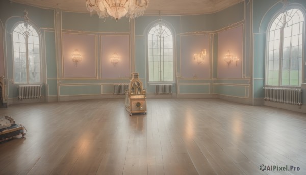 sky,indoors,tree,book,no humans,window,night,shadow,chair,table,sunlight,scenery,wooden floor,stairs,door,light,lamp,architecture,carpet,candlestand,reflective floor,chandelier,day,curtains,ground vehicle,reflection