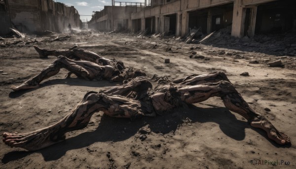 monochrome,weapon,outdoors,lying,sky,day,on back,no humans,robot,building,mecha,science fiction,ruins,damaged,death,dust,rubble,post-apocalypse,1girl,solo,black hair,nude,cloud,window,muscular,shadow,parody