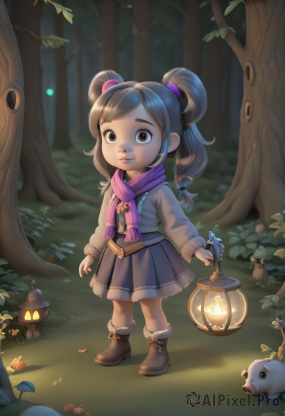 1girl,solo,long hair,looking at viewer,smile,skirt,brown hair,long sleeves,dress,holding,twintails,brown eyes,standing,full body,boots,outdoors,scarf,tree,fur trim,night,grass,child,nature,forest,lantern,female child,mushroom,hair ornament,sweater,animal,brown footwear,fur-trimmed boots,squirrel,holding lantern