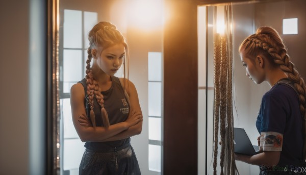 1girl,long hair,breasts,multiple girls,blonde hair,brown hair,shirt,holding,2girls,bare shoulders,brown eyes,upper body,braid,short sleeves,sleeveless,pants,artist name,indoors,twin braids,book,window,tattoo,watermark,crossed arms,sunlight,tank top,blue shirt,denim,web address,reflection,jeans,mirror,hair pulled back,solo,hair ornament,hair bun,lips,single braid,single hair bun,armband,backlighting,braided ponytail,clipboard