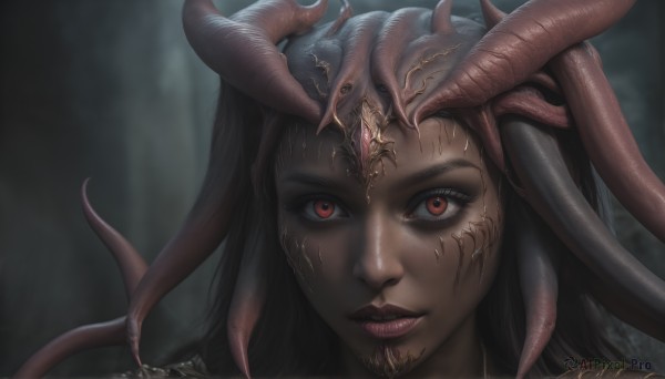 HQ,1girl,solo,long hair,looking at viewer,black hair,red eyes,closed mouth,parted lips,horns,teeth,artist name,dark skin,blurry,dark-skinned female,lips,blurry background,monster girl,portrait,tentacles,close-up,realistic,nose,extra eyes,eye focus,eyelashes,makeup,lipstick,red lips