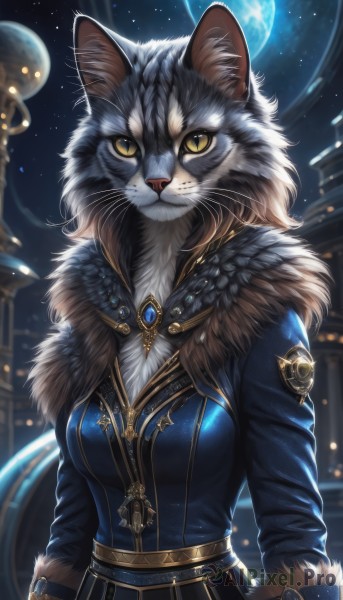 1girl,solo,breasts,looking at viewer,long sleeves,animal ears,jewelry,medium breasts,jacket,yellow eyes,upper body,outdoors,sky,belt,artist name,signature,fur trim,night,animal,moon,cat,slit pupils,brooch,gem,star (sky),night sky,furry,full moon,starry sky,fur collar,furry female,body fur,planet,animal nose,whiskers,dress,closed mouth,cat ears,animal ear fluff,cat girl,white fur