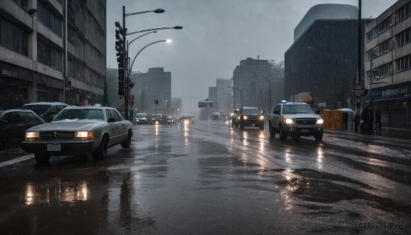 outdoors,sky,cloud,water,no humans,night,cloudy sky,ground vehicle,building,scenery,motor vehicle,reflection,rain,city,sign,car,road,vehicle focus,lamppost,street,skyscraper,road sign,puddle,grey sky,traffic light,sports car,crosswalk,tree,water drop