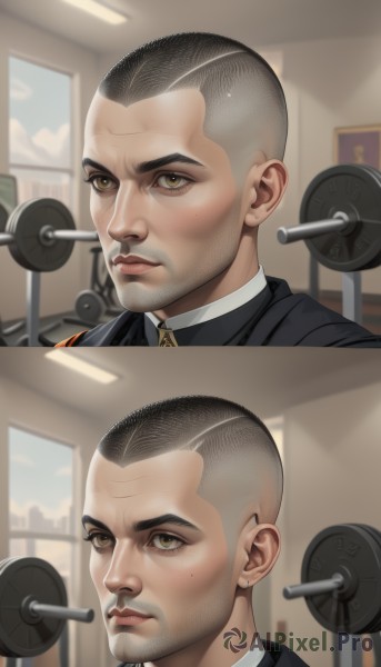 short hair,shirt,black hair,1boy,brown eyes,closed mouth,jacket,male focus,earrings,indoors,mole,facial hair,formal,portrait,beard,bald,very short hair,undercut,buzz cut,gym,weightlifting,solo,looking at viewer,jewelry,yellow eyes,comic,grey hair,lips,mole under eye,window,meme,realistic,dumbbell