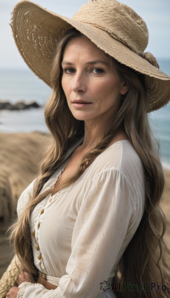 1girl,solo,long hair,breasts,looking at viewer,smile,blue eyes,brown hair,shirt,long sleeves,hat,dress,medium breasts,very long hair,closed mouth,upper body,outdoors,day,white dress,blurry,from side,lips,depth of field,blurry background,ocean,wavy hair,beach,freckles,sun hat,realistic,nose,brown headwear,straw hat,cleavage,brown eyes,jewelry,braid,earrings,sky,water,blouse