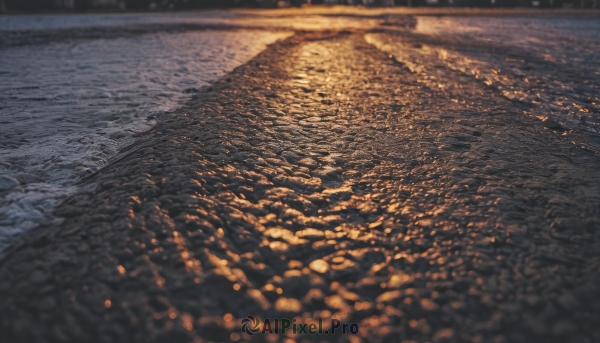 outdoors,water,blurry,tree,no humans,depth of field,blurry background,leaf,scenery,reflection,road,autumn leaves,river,autumn,orange theme,shadow,sunlight