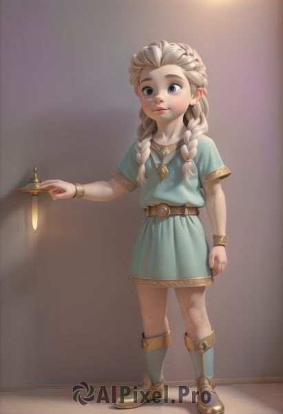 1girl,solo,long hair,blue eyes,skirt,blonde hair,dress,holding,jewelry,standing,full body,braid,short sleeves,boots,belt,necklace,twin braids,bracelet,lips,aged down,child,hair over shoulder,pendant,realistic,female child,shoes,socks,artist name,blue dress,brown footwear,candle,aqua dress