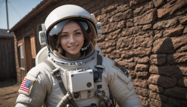 1girl,solo,looking at viewer,smile,brown hair,brown eyes,upper body,outdoors,teeth,day,grin,blurry,lips,blurry background,helmet,building,realistic,wall,american flag,spacesuit,japanese flag,space helmet,astronaut,short hair,flag,road,brick wall,stone wall