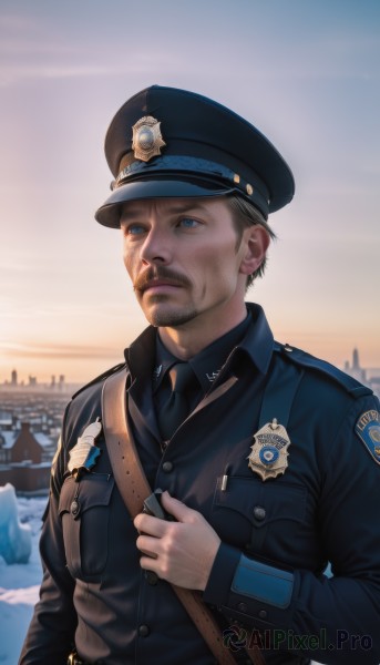 solo,short hair,blue eyes,blonde hair,shirt,long sleeves,1boy,hat,closed mouth,jacket,upper body,male focus,outdoors,necktie,sky,day,collared shirt,belt,uniform,military,black shirt,black headwear,military uniform,blurry background,facial hair,building,peaked cap,black necktie,beard,military hat,realistic,mustache,manly,badge,police,police uniform,police hat,blurry,blue shirt,snow,blue headwear,pocket,sunset,breast pocket,holster,undershirt