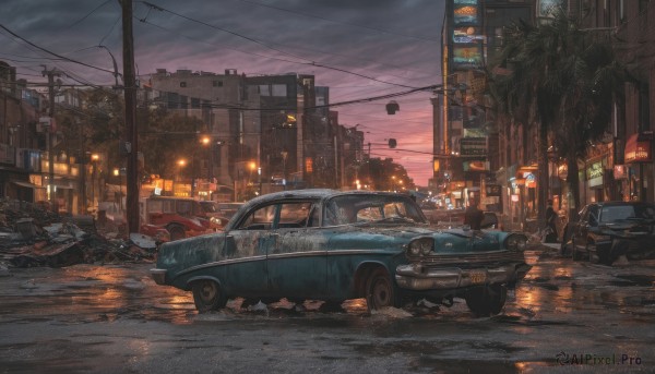 outdoors,multiple boys,sky,cloud,tree,no humans,night,cloudy sky,ground vehicle,building,scenery,motor vehicle,rain,sunset,city,sign,car,road,cityscape,vehicle focus,power lines,lamppost,street,utility pole,evening,road sign,dusk,traffic light,truck,signature,realistic,dark,twilight,puddle,people