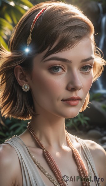 1girl,solo,looking at viewer,short hair,bangs,blue eyes,brown hair,hair ornament,bare shoulders,jewelry,closed mouth,upper body,hairband,earrings,outdoors,day,necklace,blurry,lips,grey eyes,eyelashes,depth of field,blurry background,sunlight,portrait,freckles,realistic,nose,collarbone,tank top,backlighting