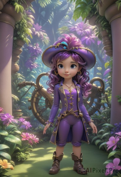 1girl,solo,long hair,breasts,looking at viewer,smile,blue eyes,long sleeves,hat,jewelry,closed mouth,standing,collarbone,full body,purple hair,flower,earrings,small breasts,boots,outdoors,open clothes,day,pants,necklace,tree,lips,coat,leaf,wavy hair,brown footwear,feathers,plant,child,nature,pendant,forest,curly hair,open coat,hoop earrings,purple flower,arms at sides,purple shirt,female child,purple headwear,hat feather,pillar,pirate hat,purple pants,bangs,shirt,jacket,shoes,shorts,artist name,shadow,watermark,sunlight,grass,web address,hat ornament,hat flower,purple jacket,purple shorts,purple coat,overgrown