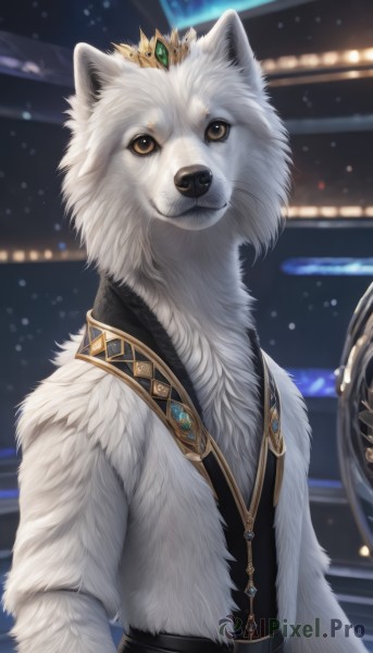 solo,looking at viewer,brown eyes,jewelry,yellow eyes,upper body,belt,blurry,vest,no humans,night,blurry background,animal,crown,gem,colored sclera,dog,animal focus,white fur,wolf,blue gemstone,red gemstone,closed mouth,artist name,signature,necklace