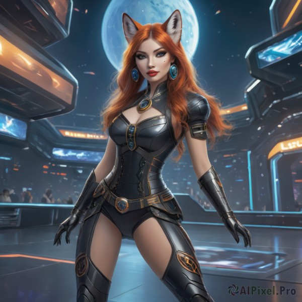 1girl,solo,long hair,breasts,looking at viewer,blue eyes,large breasts,thighhighs,gloves,animal ears,cleavage,jewelry,medium breasts,standing,earrings,parted lips,sky,solo focus,black gloves,belt,cat ears,orange hair,armor,mole,lips,fox ears,clothing cutout,mole under eye,bodysuit,makeup,night,moon,cleavage cutout,lipstick,gauntlets,full moon,science fiction,red lips,eyeliner,red hair,cowboy shot,boots,outdoors,artist name,fox girl,shoulder armor,star (sky),night sky,extra ears,contrapposto,realistic,black bodysuit