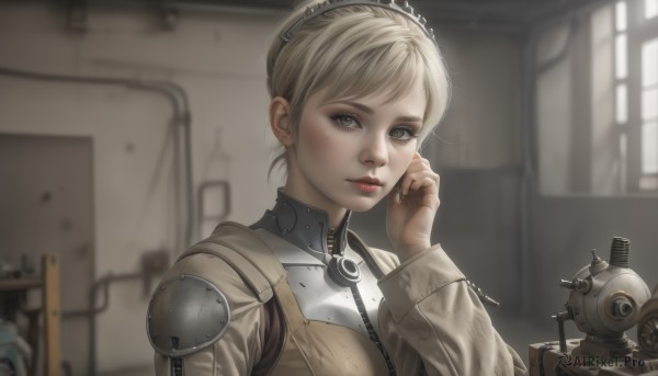 1girl,solo,looking at viewer,short hair,blonde hair,long sleeves,brown eyes,upper body,artist name,indoors,hair bun,armor,blurry,lips,grey eyes,window,depth of field,blurry background,single hair bun,robot,hand on own face,realistic,nose,red lips,blush,bangs,jewelry,closed mouth,hairband,earrings,hand up,nail polish,eyelashes,makeup,zipper,science fiction