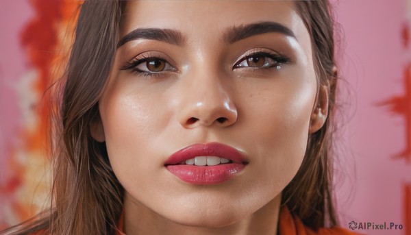 1girl,solo,long hair,looking at viewer,brown hair,brown eyes,parted lips,teeth,blurry,lips,eyelashes,makeup,depth of field,blurry background,thick eyebrows,portrait,close-up,freckles,realistic,nose,red lips,pink background,clenched teeth