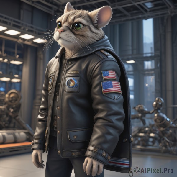 long sleeves,1boy,closed mouth,green eyes,standing,jacket,male focus,open clothes,solo focus,pants,indoors,hood,blurry,open jacket,black jacket,military,no humans,blurry background,animal,black pants,denim,robot,blue jacket,furry,1other,science fiction,realistic,furry male,leather,whiskers,leather jacket,american flag,union jack,patch,denim jacket,solo,animal ears,artist name,cat ears,depth of field,cat,hood down,zipper,colored sclera,badge,mouse,yellow sclera,green sclera