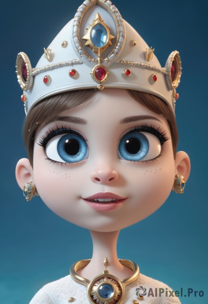 1girl,solo,looking at viewer,smile,short hair,open mouth,blue eyes,simple background,brown hair,hat,jewelry,earrings,parted lips,teeth,lips,gradient,gradient background,eyelashes,upper teeth only,blue background,crown,gem,child,portrait,freckles,blue gemstone,makeup,eyeshadow