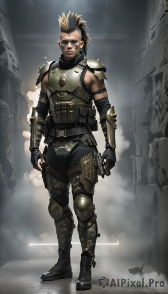 solo,blonde hair,brown hair,gloves,1boy,standing,full body,weapon,male focus,multicolored hair,boots,belt,fingerless gloves,armor,two-tone hair,gun,military,shoulder armor,handgun,smoke,pouch,realistic,knee pads,shoulder pads,camouflage,elbow pads,mohawk,looking at viewer,black hair,jewelry,earrings,tattoo,spiked hair,cyberpunk