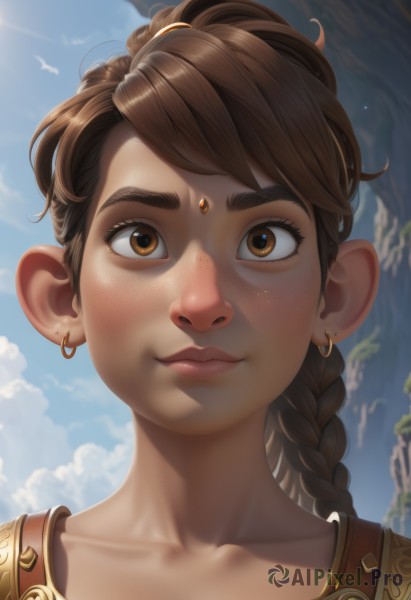 1girl,solo,long hair,looking at viewer,smile,brown hair,brown eyes,jewelry,closed mouth,collarbone,braid,earrings,outdoors,sky,day,artist name,cloud,dark-skinned female,blue sky,lips,single braid,bird,thick eyebrows,portrait,close-up,freckles,circlet,realistic,nose,bangs,ponytail,armor,eyelashes,cloudy sky