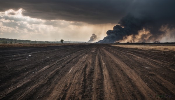 outdoors,sky,day,cloud,tree,no humans,cloudy sky,ground vehicle,scenery,smoke,road,landscape,railroad tracks,water,ocean,nature,field