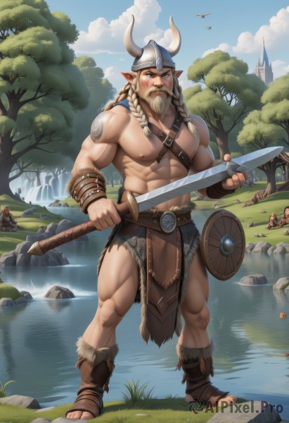 solo,long hair,looking at viewer,blue eyes,blonde hair,1boy,navel,holding,jewelry,nipples,standing,full body,weapon,braid,male focus,thighs,outdoors,multiple boys,horns,sky,solo focus,day,pointy ears,belt,sword,cloud,water,holding weapon,armor,twin braids,tree,blue sky,tattoo,muscular,facial hair,bird,thick thighs,holding sword,abs,sandals,thick eyebrows,helmet,cloudy sky,grass,pectorals,muscular male,nature,bara,pelvic curtain,beard,forest,large pectorals,topless male,shield,rock,mature male,mustache,fake horns,arm tattoo,manly,leather,bare pectorals,loincloth,biceps,river,waterfall,holding shield,thick arms,horned helmet,blush,battle,axe,giant,old man,horned headwear