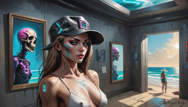 1girl,solo,long hair,breasts,looking at viewer,blue eyes,brown hair,hat,cleavage,medium breasts,collarbone,swimsuit,upper body,bikini,parted lips,sky,day,cloud,indoors,dark skin,water,lips,black headwear,tattoo,makeup,ocean,white bikini,beach,baseball cap,science fiction,skull,nose,door,red lips,photo (object),cyborg,skeleton,picture frame,poster (object),painting (object),mechanical parts,bare shoulders,jewelry,closed mouth,underwear,standing,earrings,outdoors,covered nipples,blue sky,shadow,glowing,sunlight,cloudy sky,lipstick,sun,horizon,facepaint