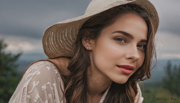 1girl,solo,long hair,looking at viewer,brown hair,shirt,hat,dress,brown eyes,white shirt,upper body,outdoors,parted lips,sky,teeth,day,white dress,blurry,tree,lips,makeup,depth of field,blurry background,lipstick,portrait,freckles,sun hat,realistic,nose,red lips,smile,see-through,straw hat