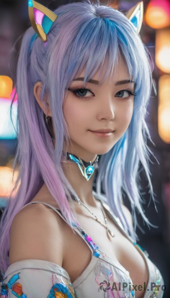 1girl,solo,long hair,breasts,looking at viewer,smile,bangs,blue eyes,animal ears,cleavage,bare shoulders,jewelry,medium breasts,closed mouth,underwear,blue hair,upper body,ponytail,purple hair,multicolored hair,earrings,detached sleeves,choker,cat ears,necklace,bra,blurry,black eyes,two-tone hair,lips,streaked hair,grey eyes,eyelashes,gradient hair,makeup,blurry background,fake animal ears,realistic,nose,swimsuit,heart,sidelocks,bikini,artist name,from side,depth of field,freckles