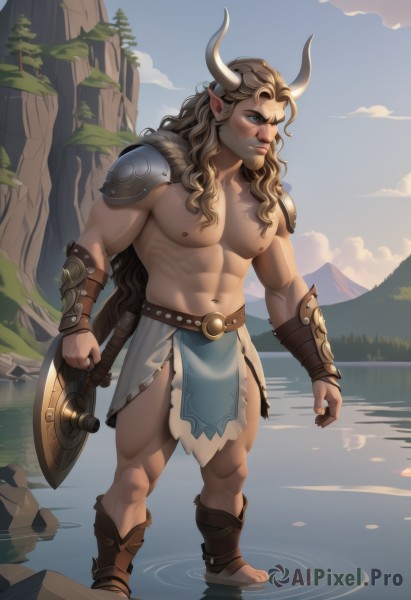 solo,long hair,blue eyes,blonde hair,brown hair,1boy,navel,nipples,standing,full body,weapon,male focus,thighs,outdoors,horns,sky,pointy ears,sword,cloud,water,stomach,armor,looking to the side,muscular,facial hair,thick thighs,abs,sandals,thick eyebrows,pectorals,muscular male,shoulder armor,bara,pelvic curtain,large pectorals,walking,pauldrons,topless male,shield,mature male,cow horns,bare pectorals,loincloth,navel hair,holding shield,cow boy,blush,holding,holding weapon,beard,bulge,mountain