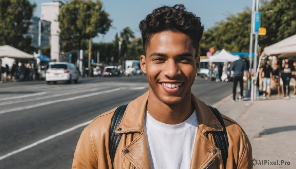 solo,smile,open mouth,shirt,black hair,1boy,jacket,closed eyes,white shirt,upper body,male focus,outdoors,open clothes,teeth,solo focus,day,dark skin,bag,grin,blurry,open jacket,tree,lips,blurry background,facial hair,dark-skinned male,backpack,ground vehicle,facing viewer,motor vehicle,brown jacket,realistic,car,road,leather,street,very dark skin,leather jacket,photo background,looking at viewer,short hair,brown eyes,one eye closed,sky,depth of field,happy,thick eyebrows,crowd,orange jacket,people